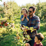 Man and two kids picking red apples together in the orchard at Blake's