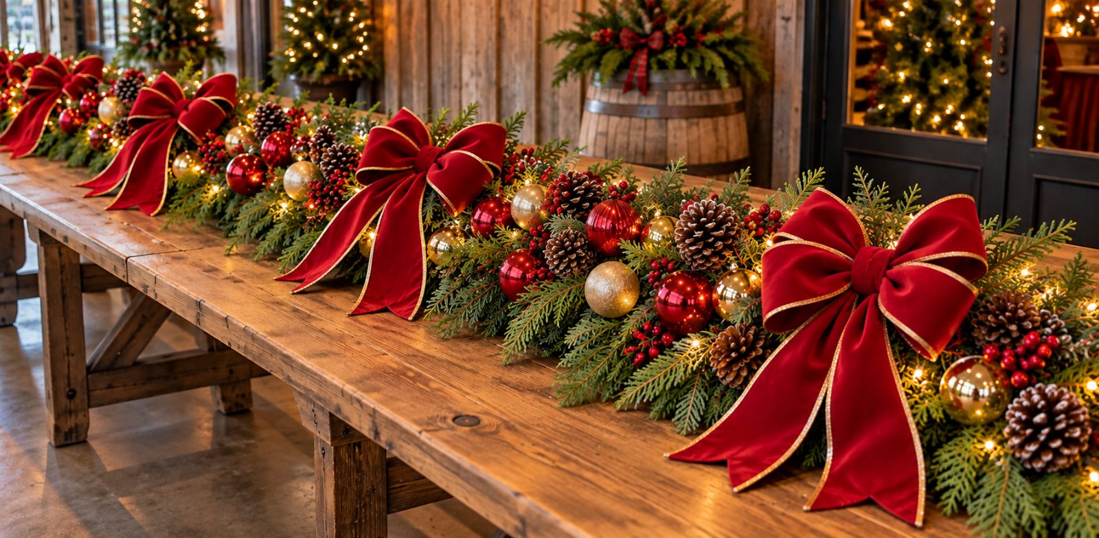 Tabletop garland with red velvet bows, pinecones and ornaments